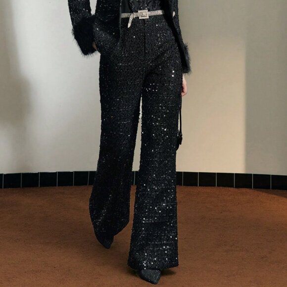 Black Party Women's Sequin Tailored Flare Leg Suit Pants - Picture 7 of 8